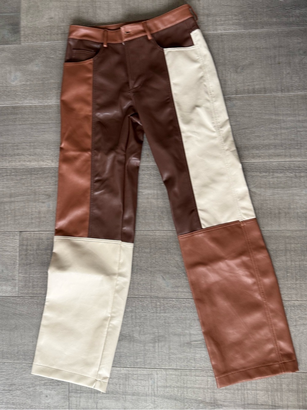 Colorblock Faux Leather Trousers in Brown & Cream